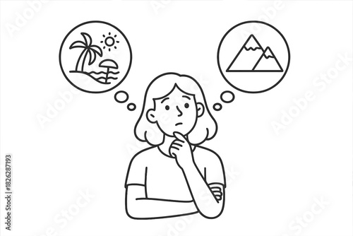 Woman contemplating travel options choosing between tropical beach and mountain hiking