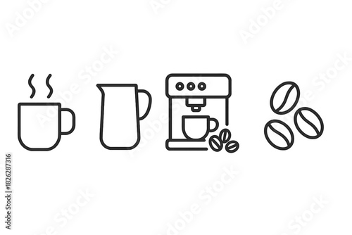 Essential line icons for coffee shop and brewing process featuring machine, cup, and beans