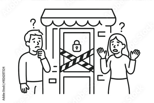 People facing a closed shop entrance secured with caution tape and padlock
