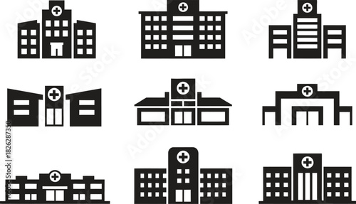 Silhouette Hospital and Medical Building Icons Set. Healthcare, Clinics, Medical Facility Vector Illustration