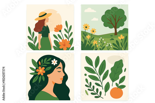 Four square portraits of women in nature surrounded by floral elements and green foliage in flat style