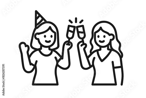 Simple line art drawing of two smiling friends toasting with champagne glasses at a celebratory event