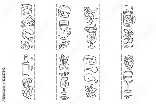Hand drawn food and drink icons arranged in decorative vertical borders