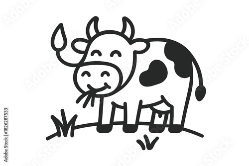 Adorable cartoon dairy cow with horns and spots standing in a field of grass