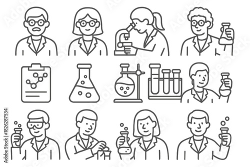 Scientific research, laboratory work, chemists, and essential lab apparatus icons