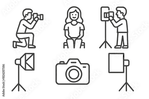 Professional photography studio equipment and people line icons collection