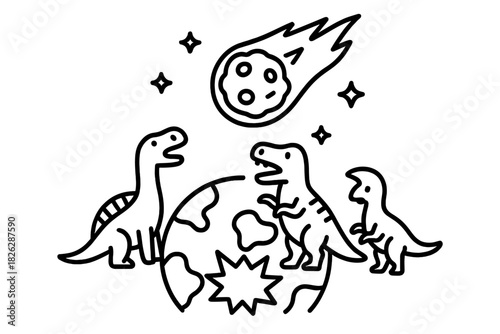Cartoon dinosaurs standing on Earth watching a large asteroid falling from space