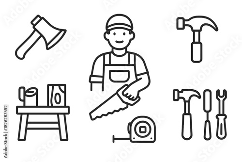 Smiling carpenter holding a saw with various construction and woodworking tools