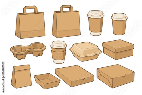 Assortment of brown paper bags, disposable coffee cups, and various takeout food packaging containers