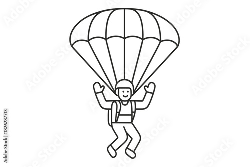 Person wearing a helmet and harness parachuting with a fully deployed canopy