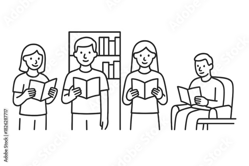 Diverse young adults reading books together in a library or study area setting
