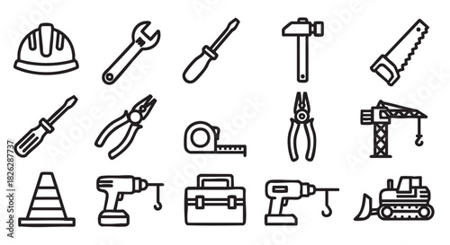 Construction Tools and Equipment Icons in Black and White Sketch
