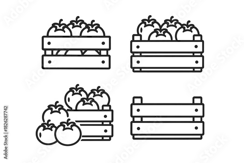Set of four outline designs showing wooden boxes filled with ripe tomatoes or apples and one empty container