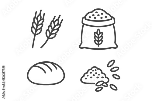 Agricultural harvest and baking ingredients represented by simple linear symbols