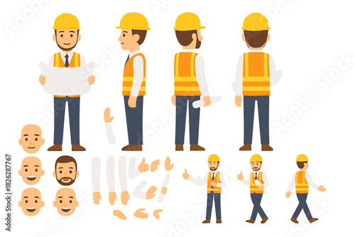 Construction site worker character set wearing safety helmet and reflective vest with different poses and expressions