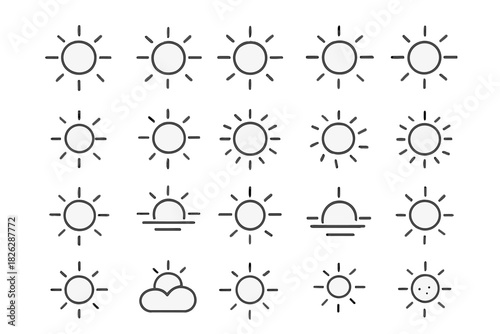 Linear symbols depicting sun, sunrise, sunset, and clear weather forecast conditions