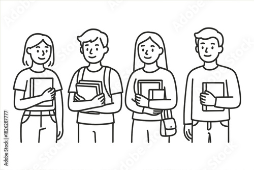 Four diverse students standing together holding books and notebooks ready for class