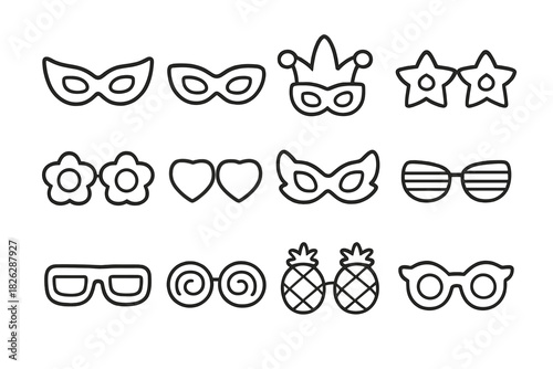 Outline collection of party masks and novelty sunglasses for celebration events