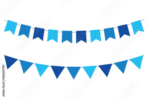 Bunting Banner with Triangle Shape Flags - Decorative bunting banner in shades of blue hung on a thin string. Festive bunting flags. Carnival garland with flags. Festive buntings for holiday design. 