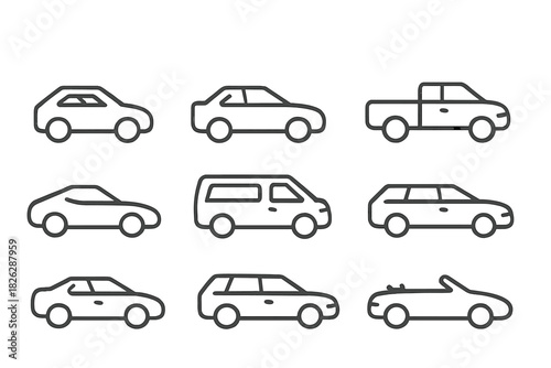 Collection of simple line drawings representing modern passenger and utility vehicles