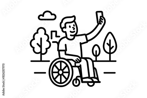 Disabled person in wheelchair taking a selfie outdoors with a mobile phone