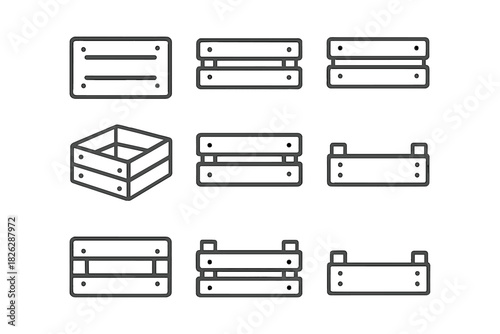 Set of wooden crates and boxes used for storage and shipping logistics