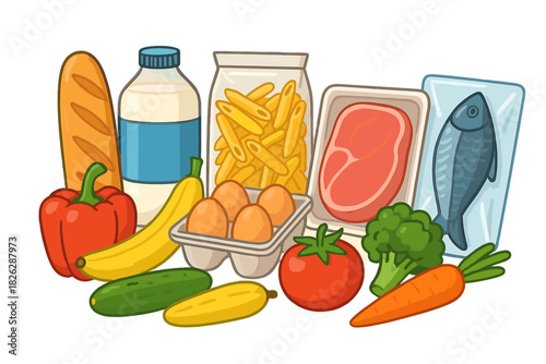 Diverse collection of supermarket groceries featuring fresh produce, packaged foods, and proteins