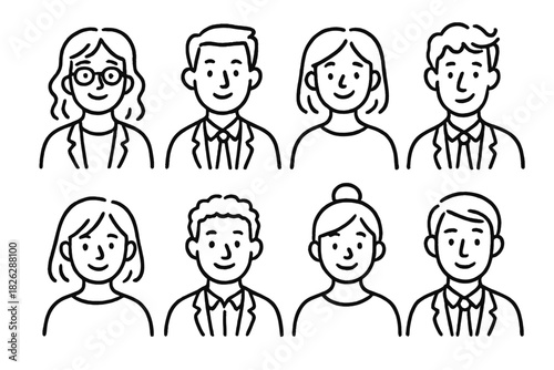 Simple line art avatar portraits of diverse smiling workers and business professionals
