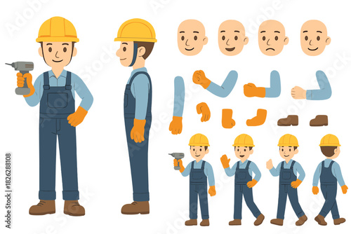 Customizable construction worker character kit featuring various poses, facial expressions, and body parts