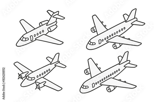 Isometric outline icons set of passenger aircraft including commercial jets and private planes