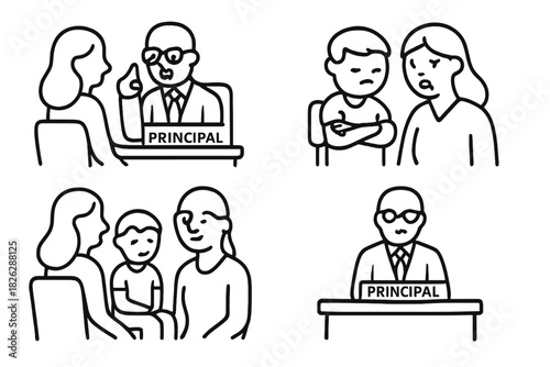 School principal meeting with parents and students discussing academic or disciplinary issues