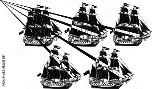 Vintage sailing ships with large billowing sails in formation, classic nautical fleet illustration, detailed historic galleon silhouettes for maritime themed 