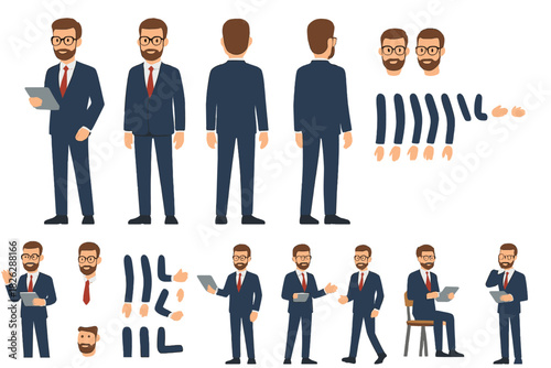 Customizable professional businessman character set with multiple poses and interchangeable body parts