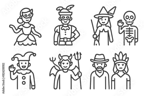 Minimal outline characters wearing diverse festive costumes for masquerade or carnival party