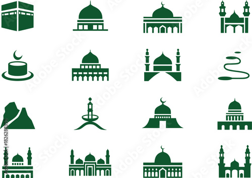Taj Mahal and Indian Architecture Icons Set. Dome, Pillars, Temple Vector Illustration