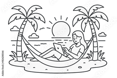 Digital nomad working on laptop while relaxing in tropical beach hammock