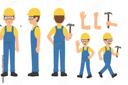 Male construction worker character sheet showing various poses, views, and holding tools