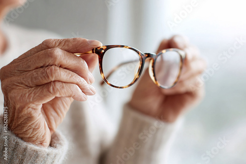 Closeup of elderly hands holding stylish glasses. Represents vision, care, aging, and perspective. Suitable for health, lifestyle, or seniorrelated themes.