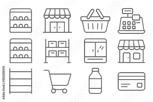 Retail and grocery store shopping set with cart, shelves, cash register, and payment