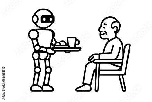 Service robot delivering food and drink to an elderly man, symbolizing automated assistance and future care technology