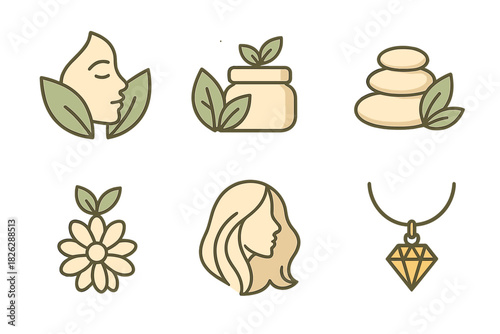 Natural beauty spa and luxury icons set with face profile cream jar stones flower and diamond necklace