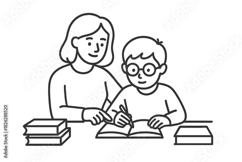 Adult woman guiding student boy writing in a textbook during a lesson