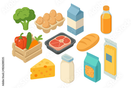 Isometric collection of essential grocery products: fresh vegetables, dairy, meat, eggs, and grains