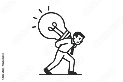 Businessman struggling to carry a huge glowing lightbulb on his back symbolizing the heavy burden of a great idea or innovation