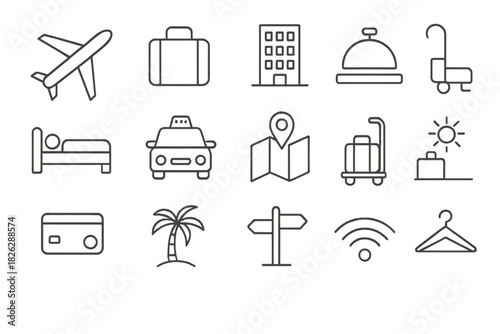 Outline symbols for travel and tourism including airplane, hotel, luggage, and taxi