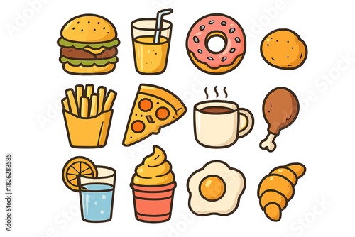 Hand drawn doodle icons of various fast food, breakfast, and dessert items