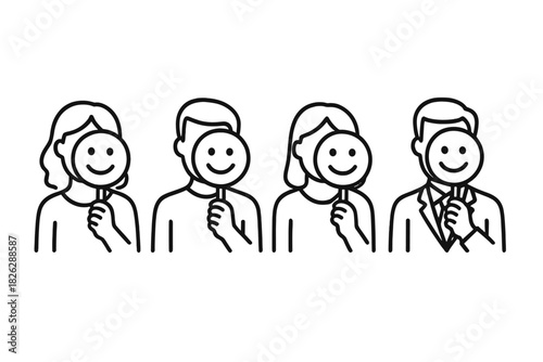 Line of people holding happy smiley face masks to hide their true feelings