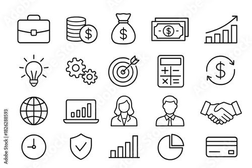 Essential business and finance concepts including money, growth charts, strategy, and professional avatars