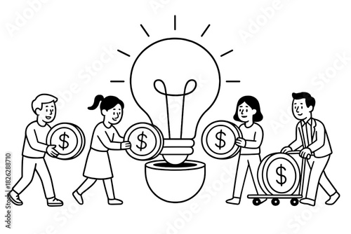 Group of professionals investing money into a large lightbulb symbolizing a new startup idea