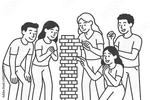 Diverse group of friends playing a stacking block game together at a casual gathering